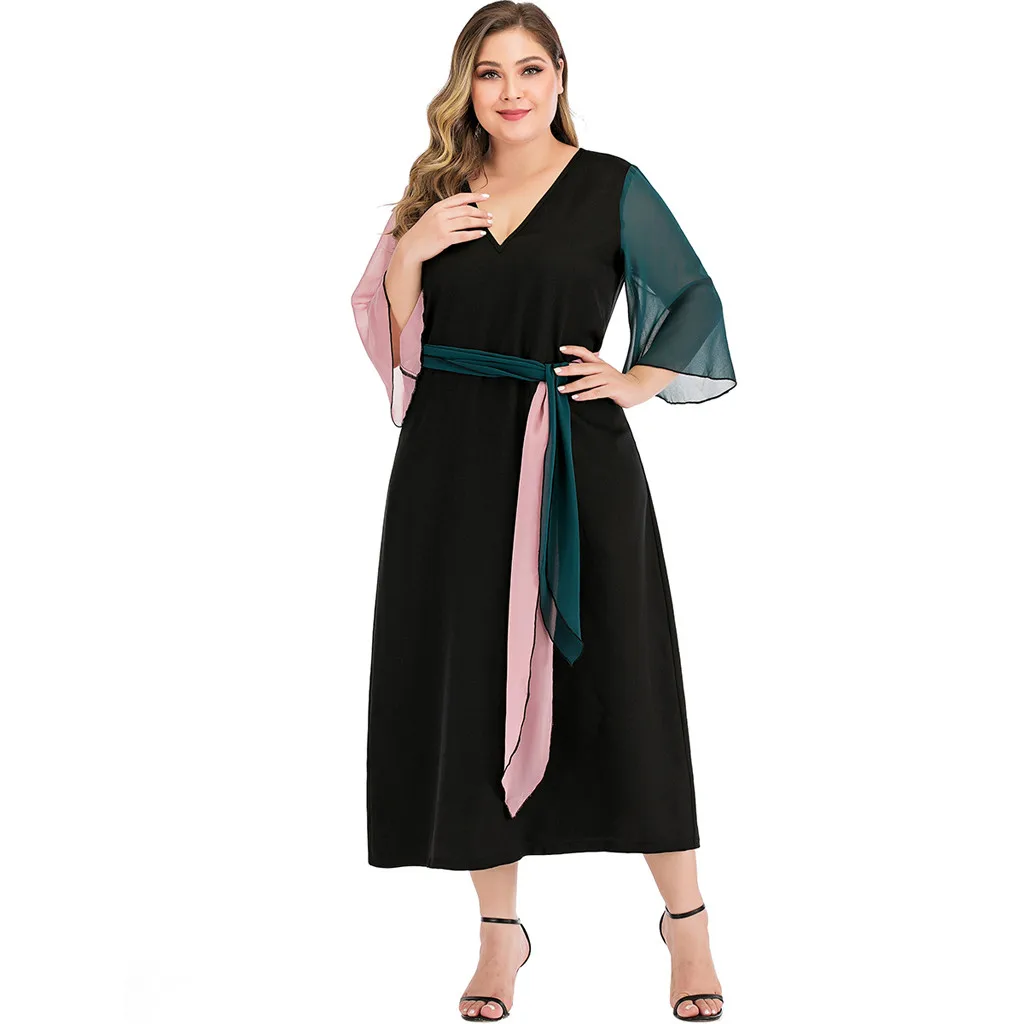 Модное женское Повседневное платье размера плюс с длинным рукавом однотонное