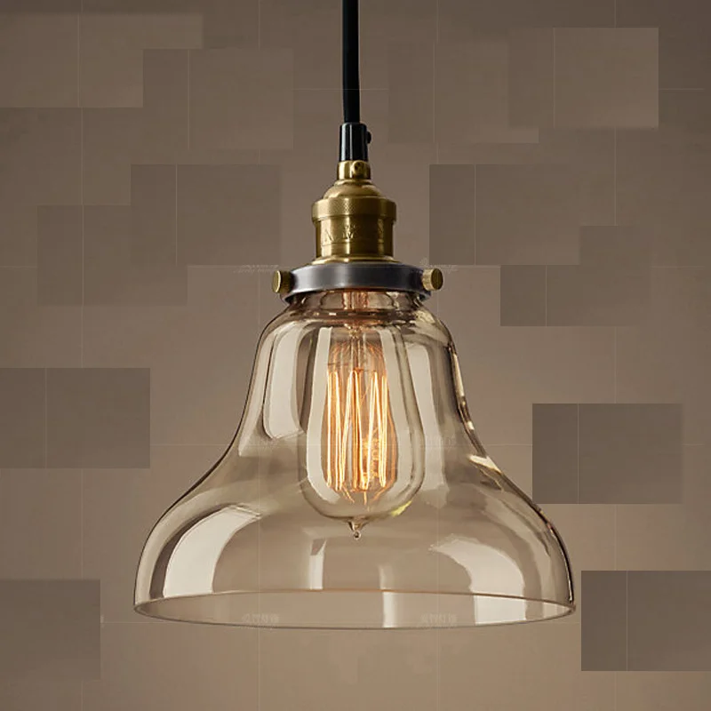 

American Retro Amber Glass Single Head Pendant Lamp E27 Bulb for Kitchen Living room decoration DIY Vintage Loft LED lighting