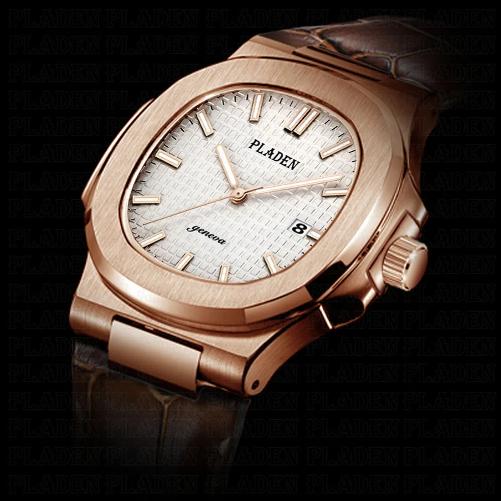 

PLADEN Relogio Masculino Dourado 316L Stainless Steel Porthole Case Rose Gold Watch Men Swim Geneva Fashion Male Watch #PL1003