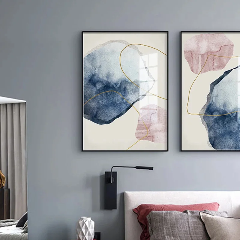 Абстрактные синие Акварельные картины на холсте постер золотых линий