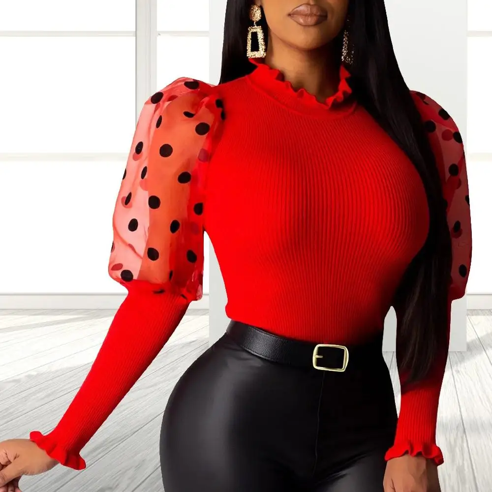 Arrival New 2020 Women's High-Neck Sweater Tulle Ruffle Long Puff Sleeve Shirt Solid Lady All-Matching Autumn Women Tops | Женская