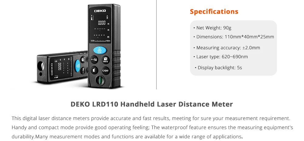 Ручной лазерный дальномер DEKO LRD110, 40 м, 60 м, 80 м, 100 м, мини лазерный дальномер, лазерный дальномер, дальномер, измеритель диастиметра