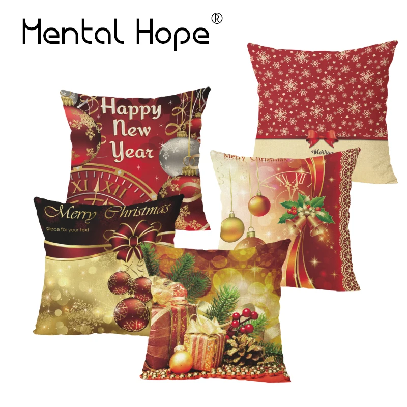 

Christmas Decoration Print Cushion Cover Home Decor Sofa Red Throw Pillow Linen Cotton Decorative Bedroom Square Pillowcase