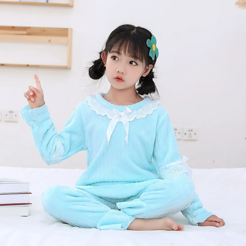 New Children Pajamas Sets Warm Flannel Sleepwear Girls Boy Loungewear Coral Fleece Kids Lace Pijamas Homewear Winter Pyjama Suit