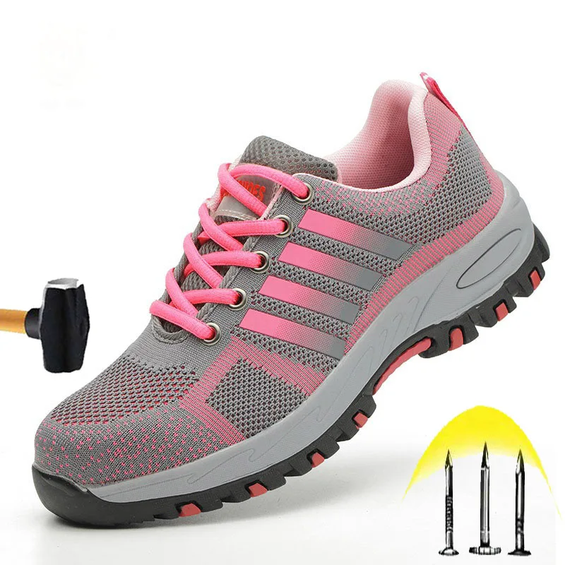 Женские защитные ботинки из плетеной ткани легкие дышащие рабочие со стальным