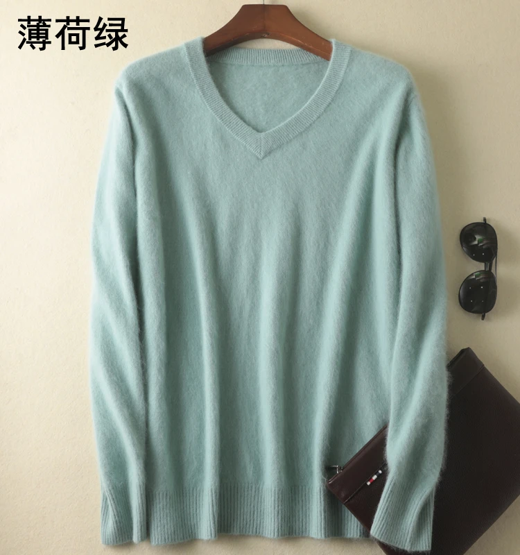 Пуловер мужской вязаный однотонный с V-образным вырезом длинным рукавом для зимы