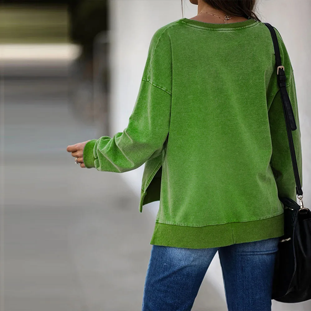 

Ladies Pullover Green Printing Casual Cotton Blended Long-Sleeved Round Neck Tops European American Street Hipsters Sweatshirts