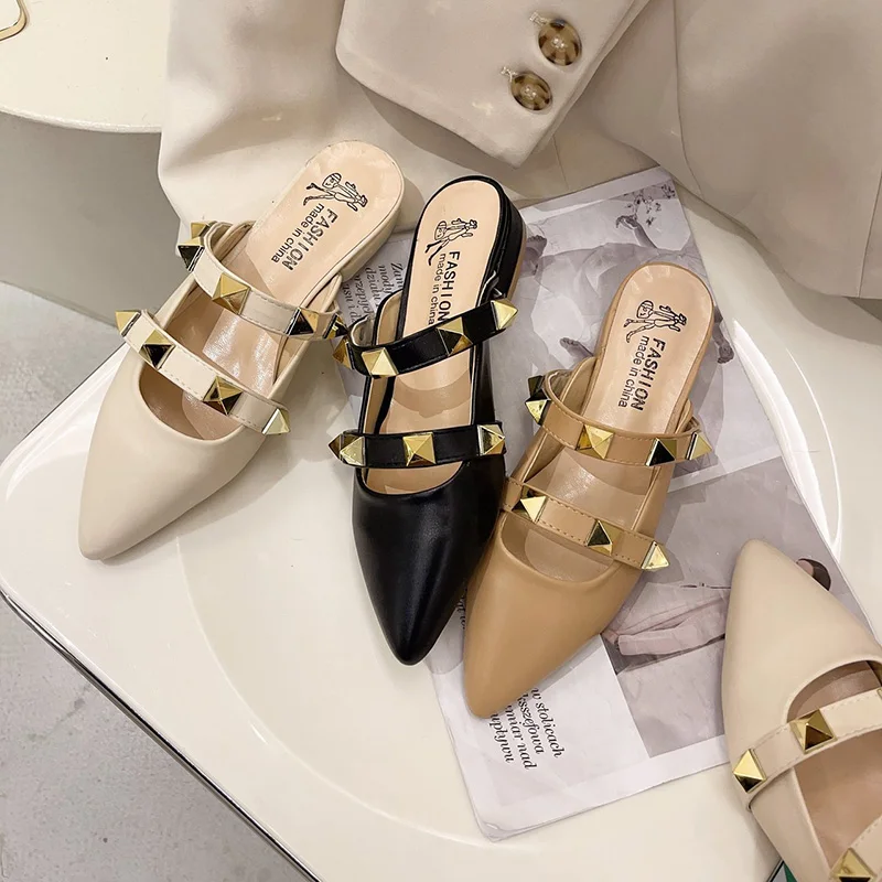 

Rivet Slippers Casual Cover Toe Female Shoes Med Slides Shallow Luxury 2021 Pointed Hoof Heels PU Fashion Elegant Shoes Woman 20