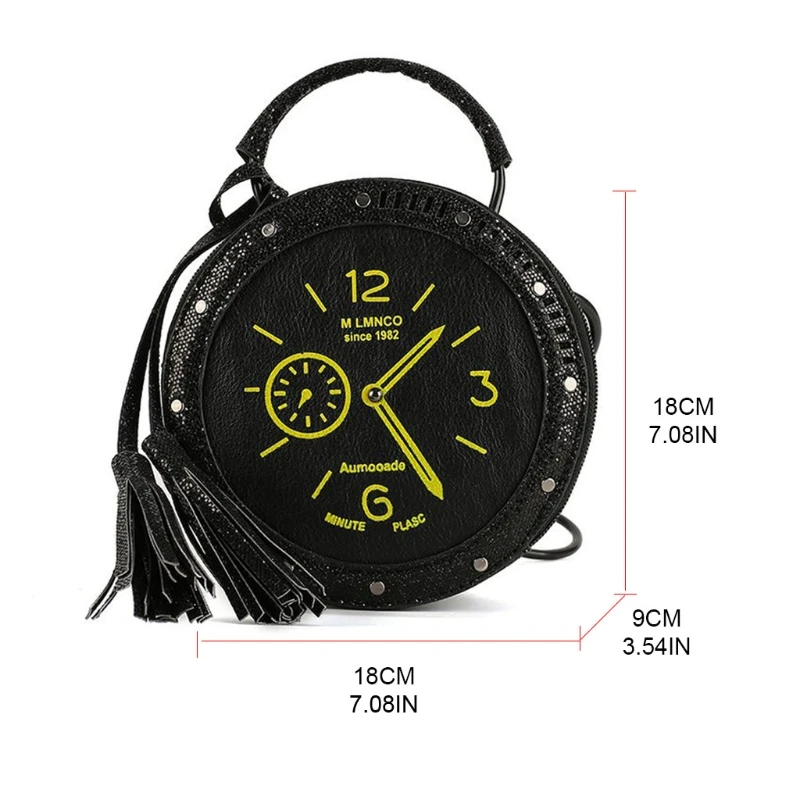 

J60D Womens Clock Shape Shoulder Bag PU Leather Round Clutch Bags Sequin Handbag
