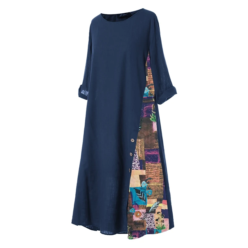 ZANZEA женское платье осень-зима Vestidos длинное платье Винтаж Цветочный принт, из кусков, с пуговицей, на Повседневное размера плюс Открытое платье без рукавов