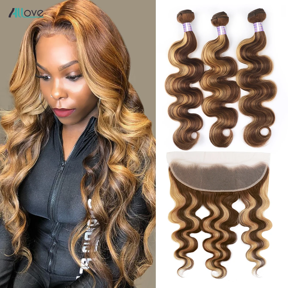 Allove Highlight Body Wave Bundles With Frontal Ombre Honey Blonde 13x4 Lace Frontal With Bundles Brazilian Remy Weave For Women