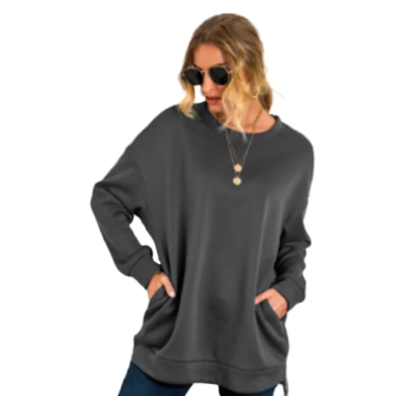 

2021 spring new women's sweater mid-length round neck solid color pocket pullover loose casual jacket breathable sweat blouse