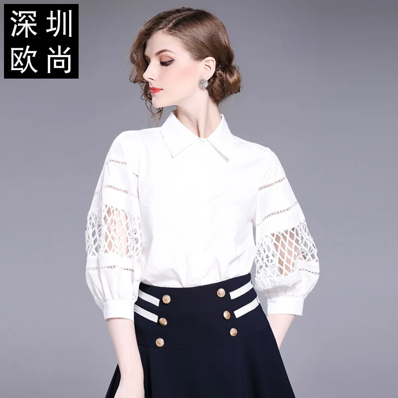 women tops and blouses white cotton hollow floral high quality OL 2020 summer office shirts lantern sleeve casual sexy plus size