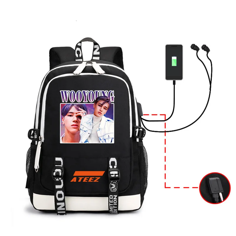 Kpop Ateez рюкзак периферийная сумка мужская и женская сумка на оба плеча Usb гарнитура линия компьютерная упаковка