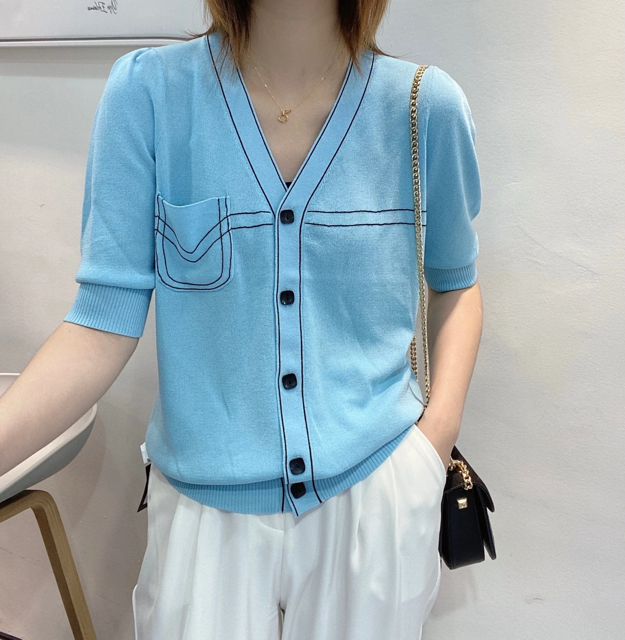 

European V-neck Puff Sleeve Linen Ice Silk Knit Cardigan Thin Women's Summer Jacket Korean Style Cardigans Chaqueta Punto Mujer