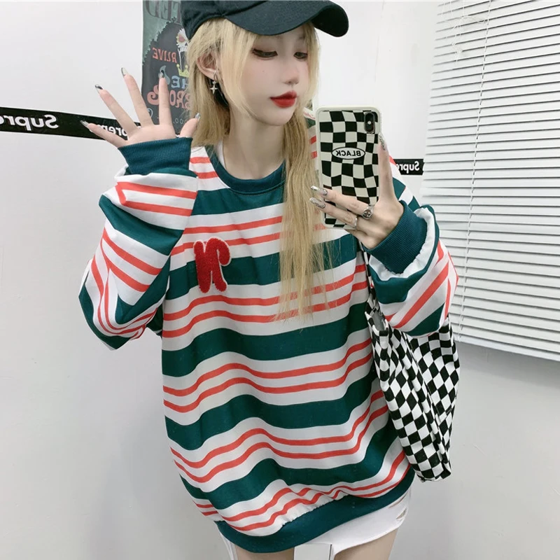 

Kawaii Clothes Women Color Block Stripes Sweater Sweatshirts Fairy Grunge Pullover Vintage Urban Christmas Clothes Cyber y2k Top