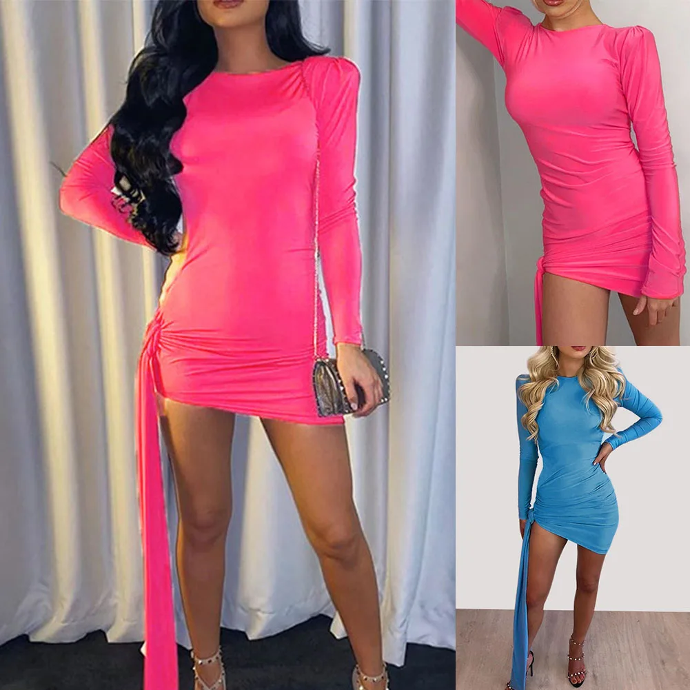 

Kili однотонное короткое платье с круглым вырезом и длинными рукавами на бедрах