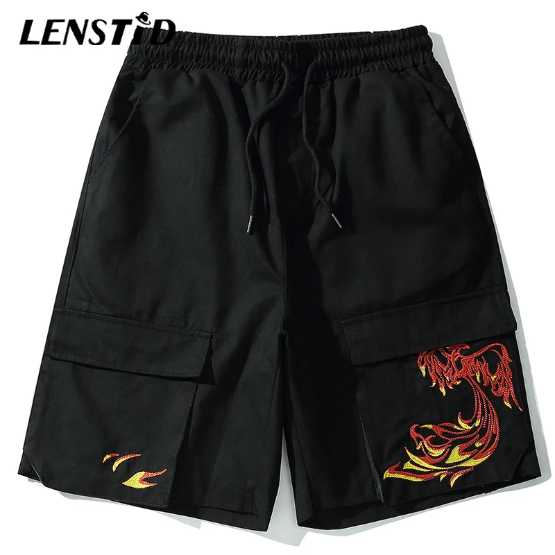 Шорты карго LENSTID в стиле хип хоп с вышивкой Харадзюку Фениксом джоггеры карманами