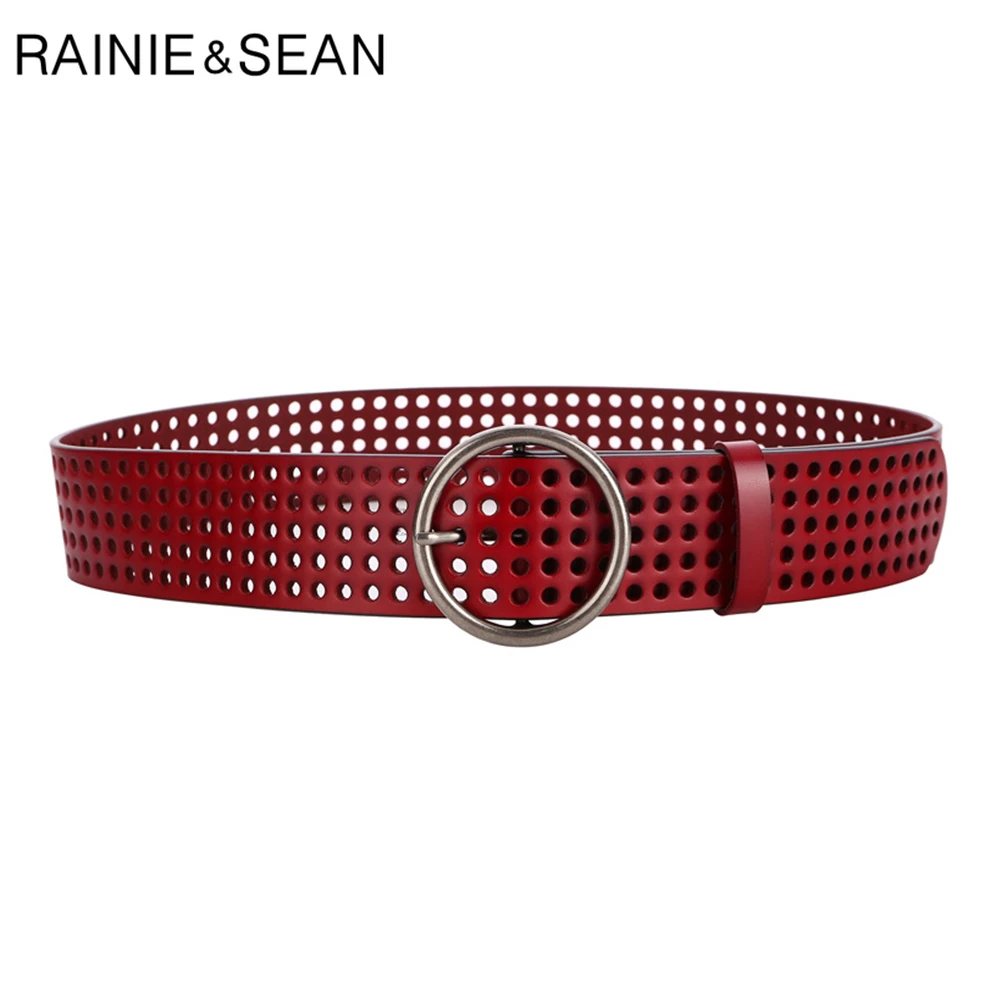 RAINIE SEAN Women Belt for Dress Hollow Out Leather Wide Waist Belt Round Buckle Solid Red Black Brown Fashion Brand Ladies Belt
