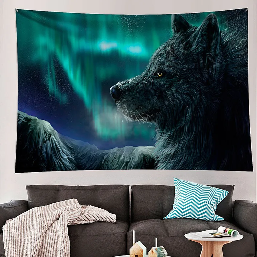 

Printed Moon and Wolf Animal Starry Sky Tapestry Wall Hanging Art Decoration Tapestry Bedroom Window Decoration Background