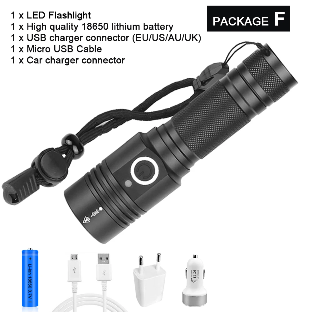 Package F Супер яркий XHP50 светодиодный фонарик самый мощный фонарик с зумом охотничья вспышка light18650 водонепроницаемый USB перезаряжаемый светодиодный фонарь - Испускаемый цвет: Package F