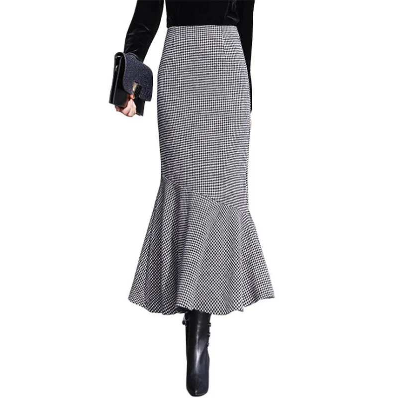 

Woolen 2019 Lattice Fishtail Skirt Female Autumn Winter Vintage Slim-Fit Mermaid Skirts For Women New Skirt Ds50164