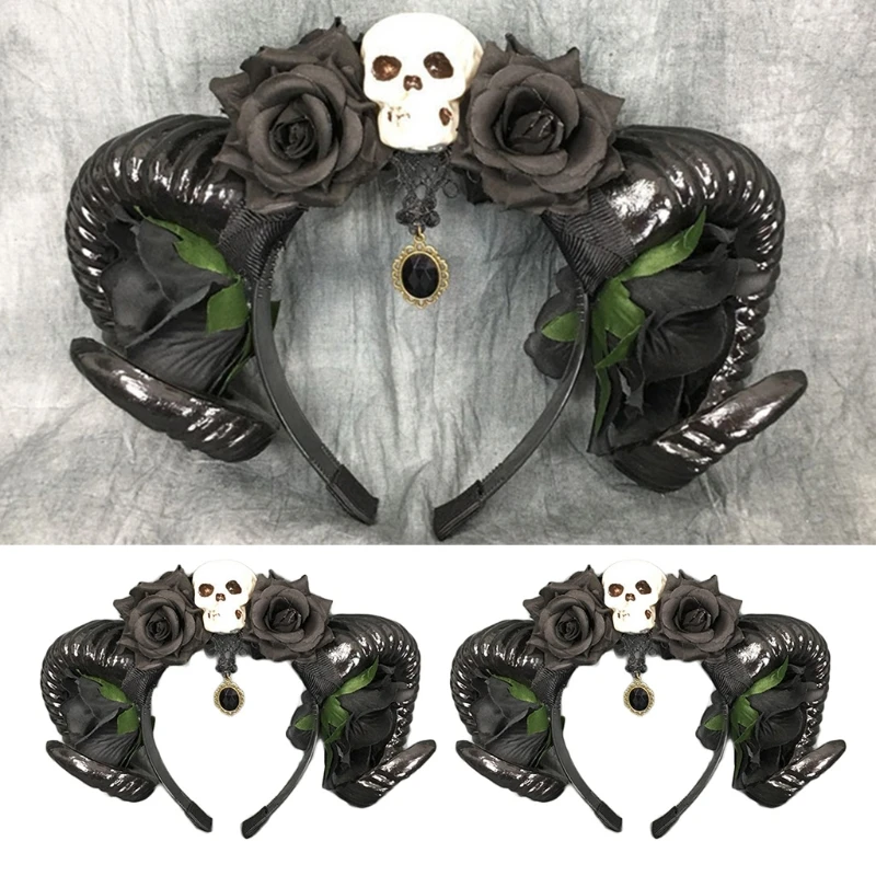 

Devil Horn Headband Sheep Horn Hair Hoop for Halloween Flower Skull Hairband Gothic Props Theme Creative Party Costume