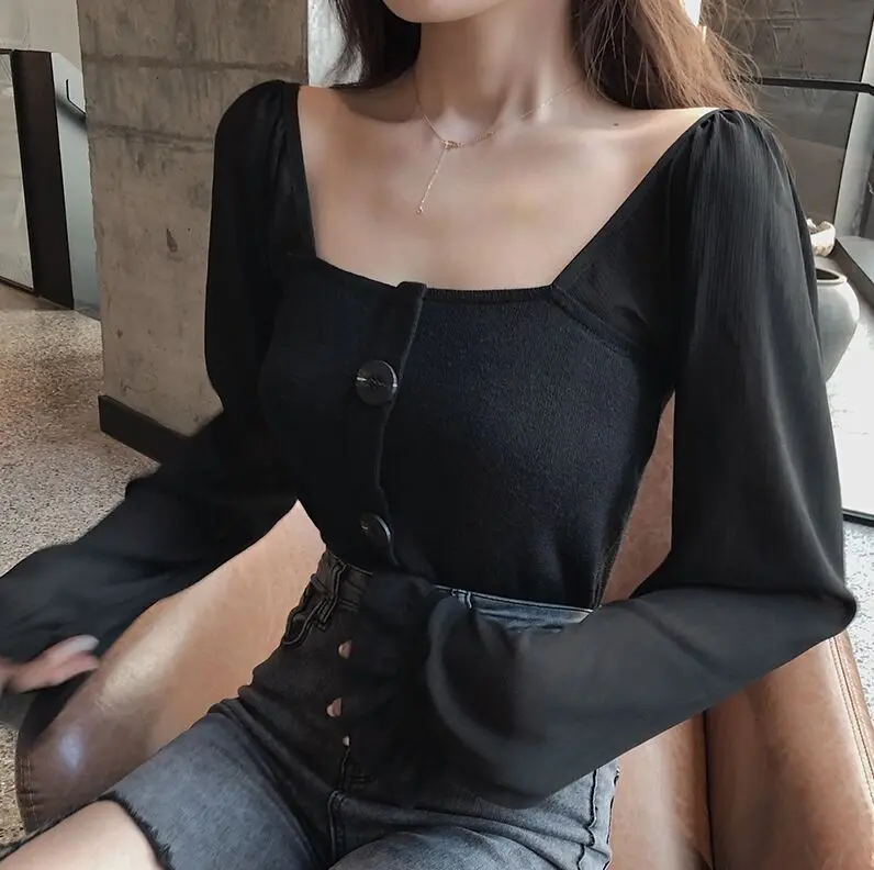 Women Slim Patchwork Chiffon Full Lantern Sleeve Square Collar Cropped T-Shirts Lady Knitted Stretchy Crop Tops Tshirt For Girls - Цвет: Black