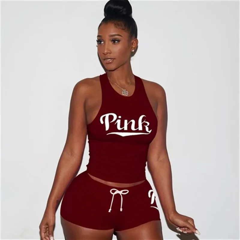 

PINK Letters Print Tank Top Shorts Suit Two Piece Set Summer Sexy Sleeveless Women Outfits Sporting 2 Piece Set