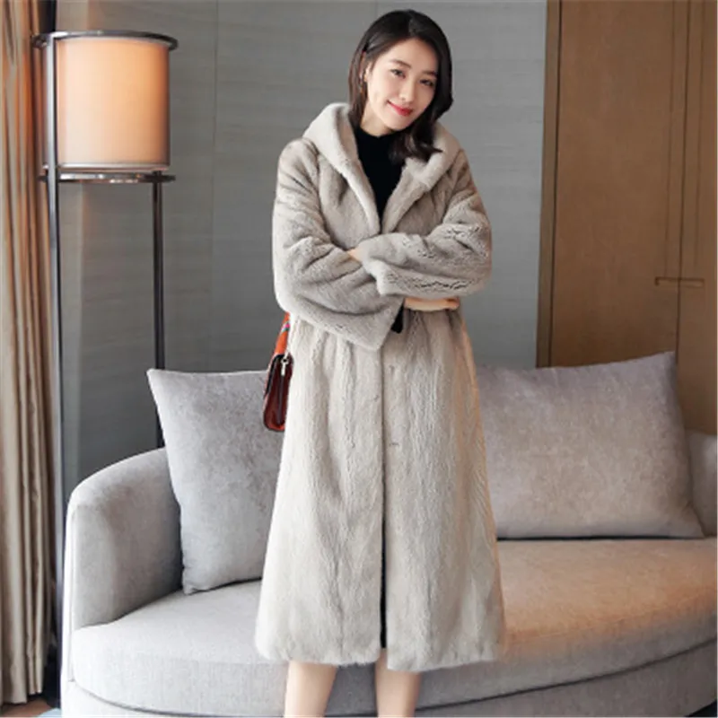 New imitation mink coat women's long section thick warm hooded fur loose large size high-end Solid color jacket 844 | Женская одежда