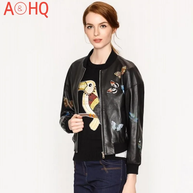 

Женская куртка-бомбер из натуральной овечьей кожи, с вышивкой в виде бабочки