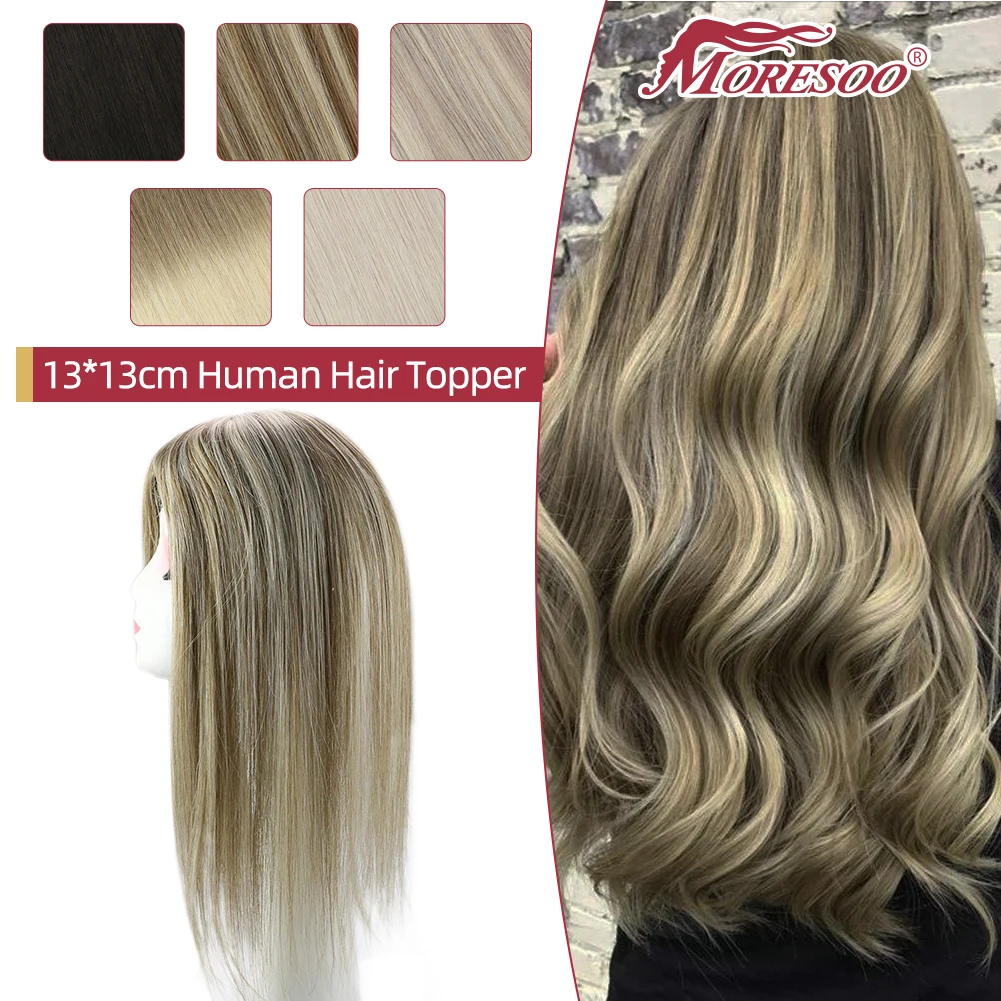 Moresoo Hair Topper 100% Real Human Hair Clip in Extensions Brazilian Hair Machine Remy Hair 13*13cm Mono and PU Top Invisible