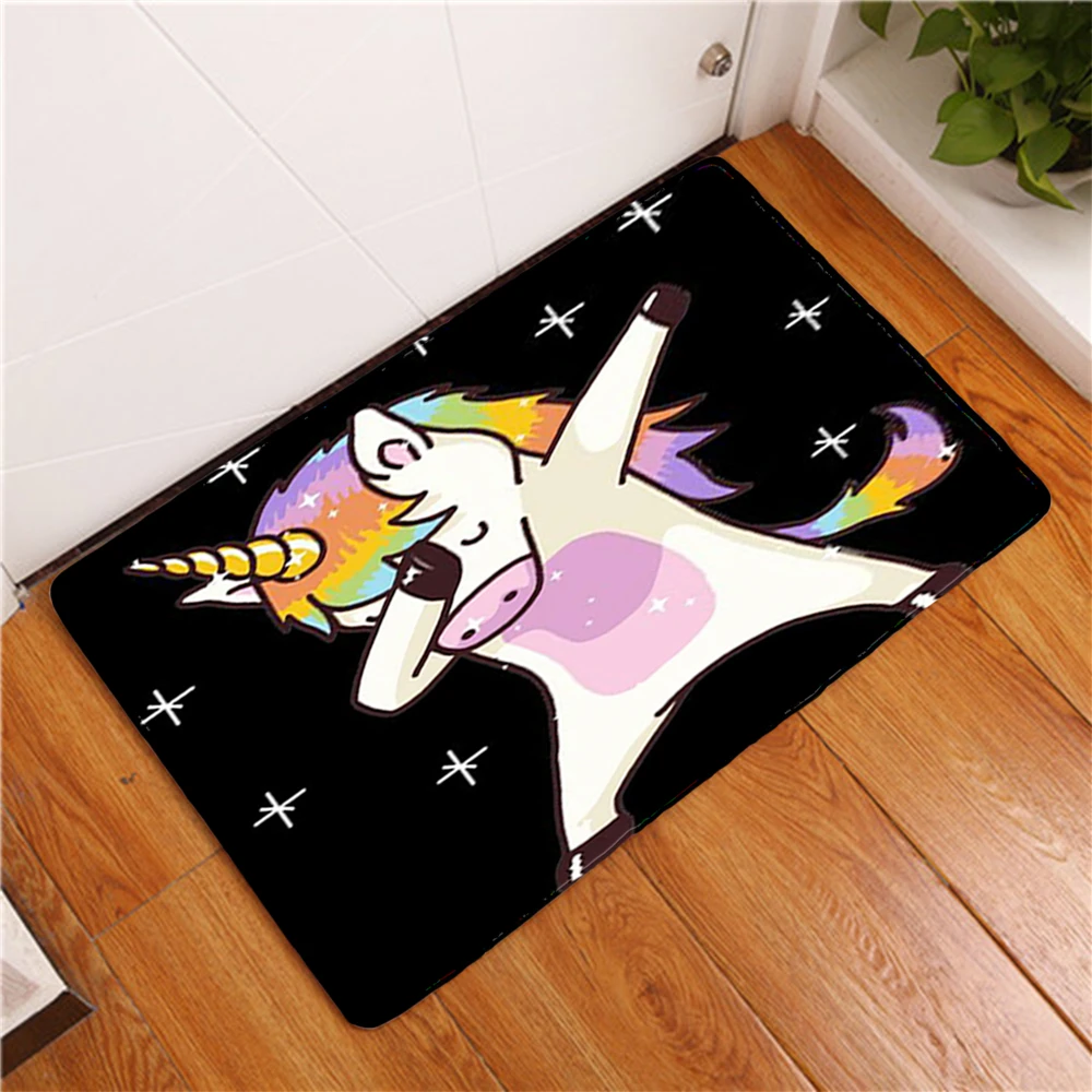Черный фланелевый коврик с мультяшным единорогом для входного пола коврики