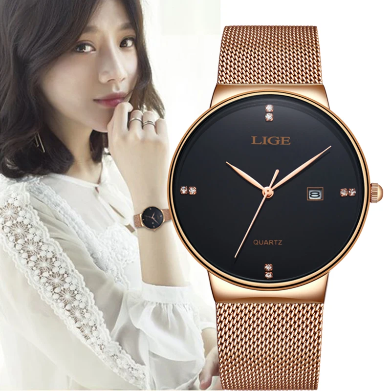 Relogio Feminino LIGE Women Watch Rose gold black Quartz Lady Casual Waterproof Simple Ladies watch Womens Wristwatch+Box | Наручные часы