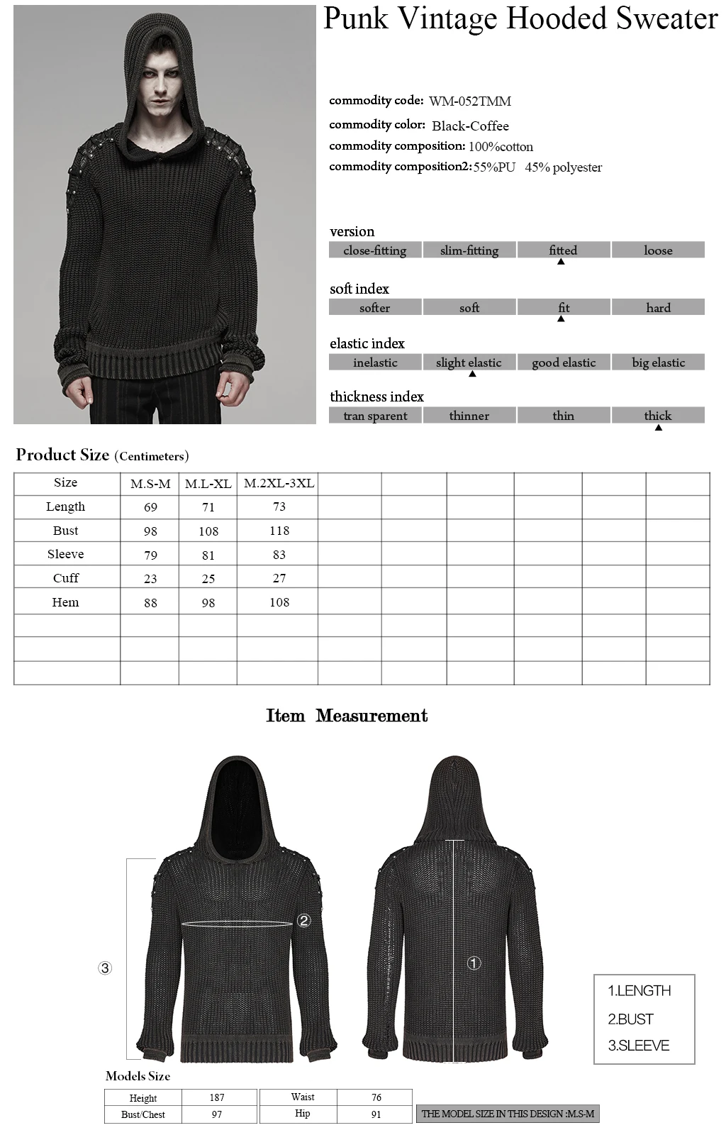PUNK RAVE Men Punk Vintage Hooded Sweater Cotton Wool Knit Old Water Wash Texture Pu Leather Decoration | Мужская одежда