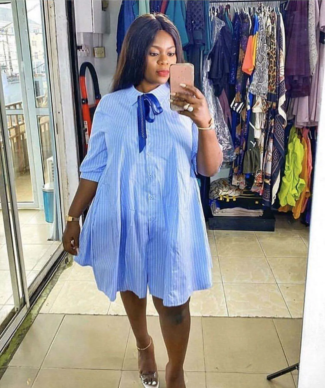 

Women Loose Shirt Dress Mini Half Sleeve African Fashion with Bowtie Collar Office Ladies Classy Casual Large Size New Trending