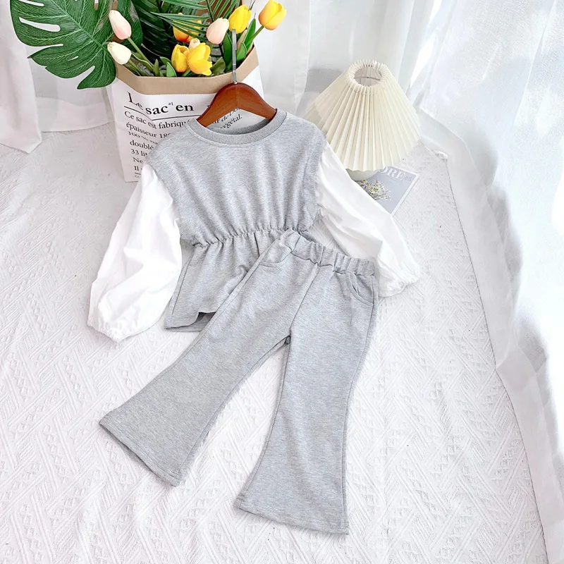 

New Arrival Spring And Autumn Baby Girls Clothing Sets Children Puff Sleeve Top + Flared Pants Fashion 2-Piece Kids Outfits