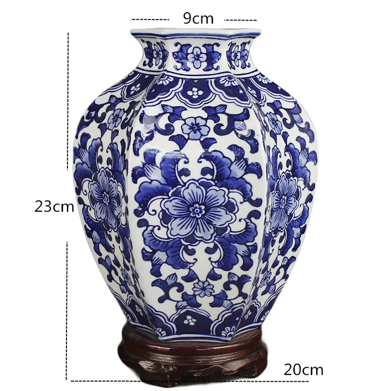 

Classical Ceramic Vase Antique Blue And White Porcelain Hibiscus Flower Hexagonal Floral Arrangement Art Decor Storage Jar R7167