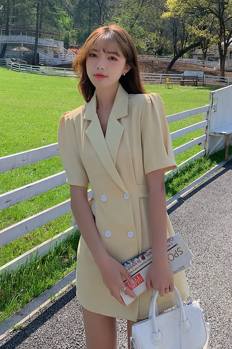 

COIGARSAM Short Sleeve Women dress New Summer Double Breasted Turn-down Collar Dresses Black Yellow White 3026