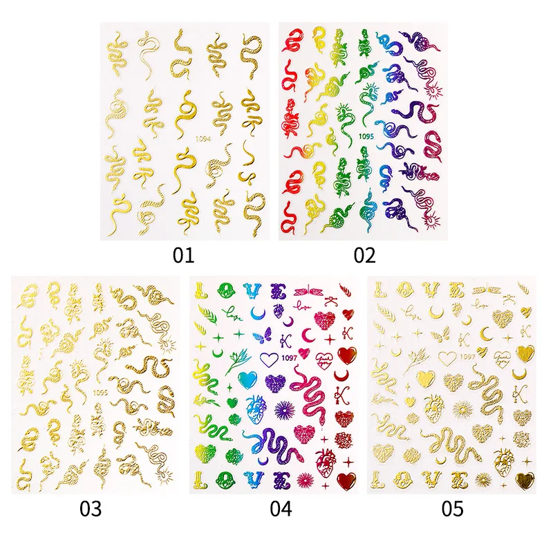 

1PC Gold Colorful Snake Rose Pattern 3D Nail Sticker Love English Letter Heart Designs Nail Manicures Decoration DIY