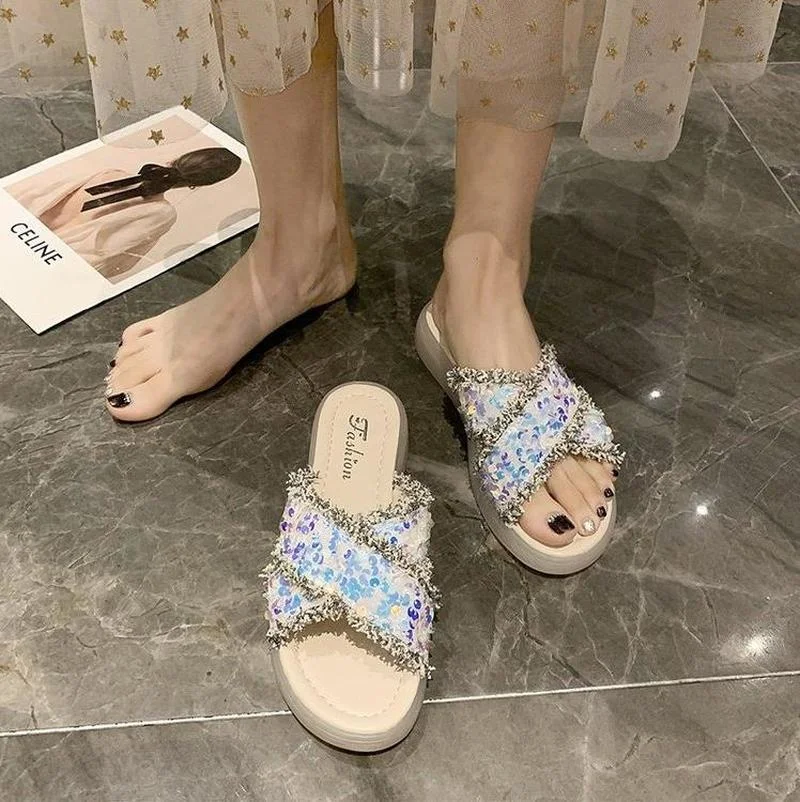 

Summer Women's Slippers 2021 Fashion All-match Cross Vamp Sequins Embellishment Trend Open-toed Casual Women's Slippers