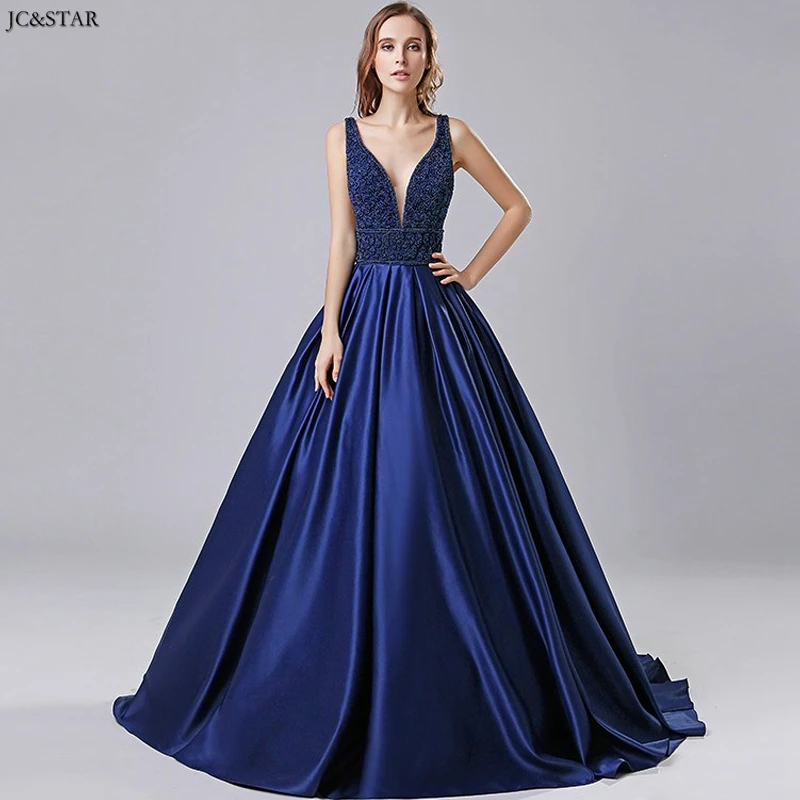 

vestido madrinha new satin beaded sexy V neck A Line royal blue bridesmaid dresses trailing wedding guest dress