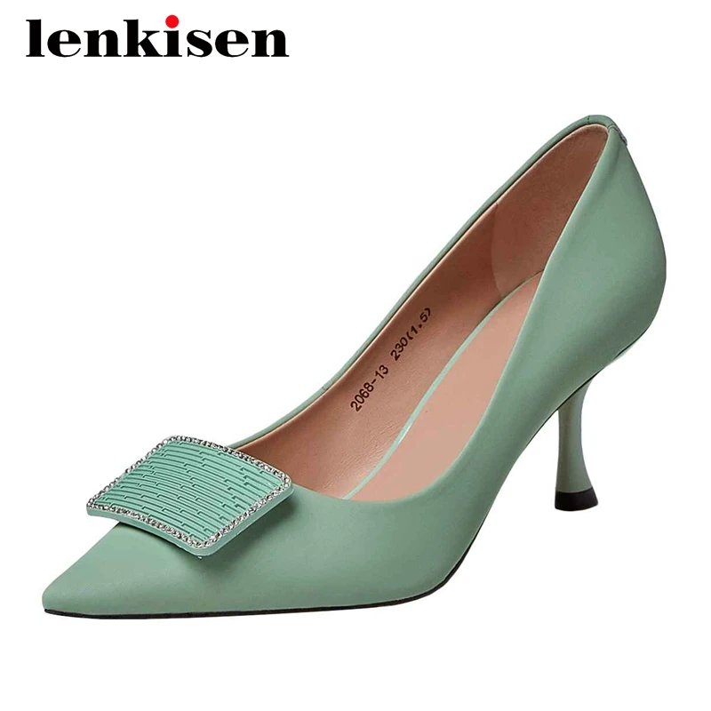 

Lenkisen 2021 spring new style full grain leather buckle decorations pointed toe thin high heel slip on fashion women pumps L97
