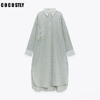new 2021 za women dress summer new green floral embroidery shirts dress vintage hollow oversize long sleeve robe dresses