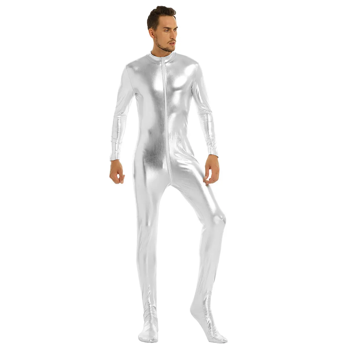 iiniim Mens Body Sexy Teddies Shiny Metallic Club Bodystocking Closed Toe Stretchy Full Body Leotard Bodysuit Clubwear Costumes