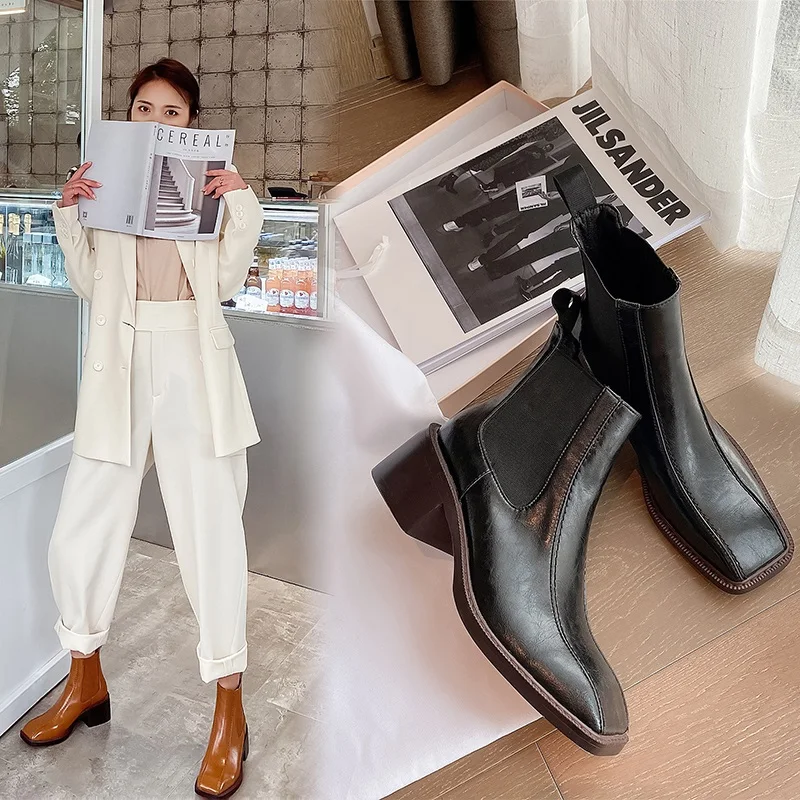 

Women ankle Boots Cowhide natural leather plus size women shoes Europe and America Square head chunky heel Chelsea boots