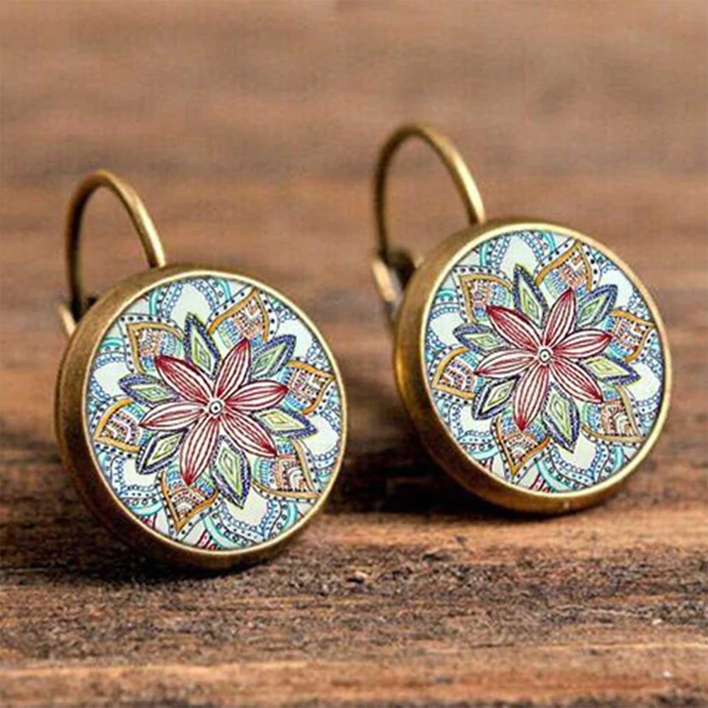Flower Stud Earrings For Women Vintage Geometric Pattern Round Earings Ethnic bohemia creative Delicate Jewelry Girl Party | Украшения и