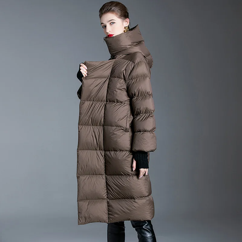 2021 Autumn & Winter New Trend Down Jacket Women Mid-length Over-the-knee Loose Hooded Thickened White Duck Down Bread Jacket