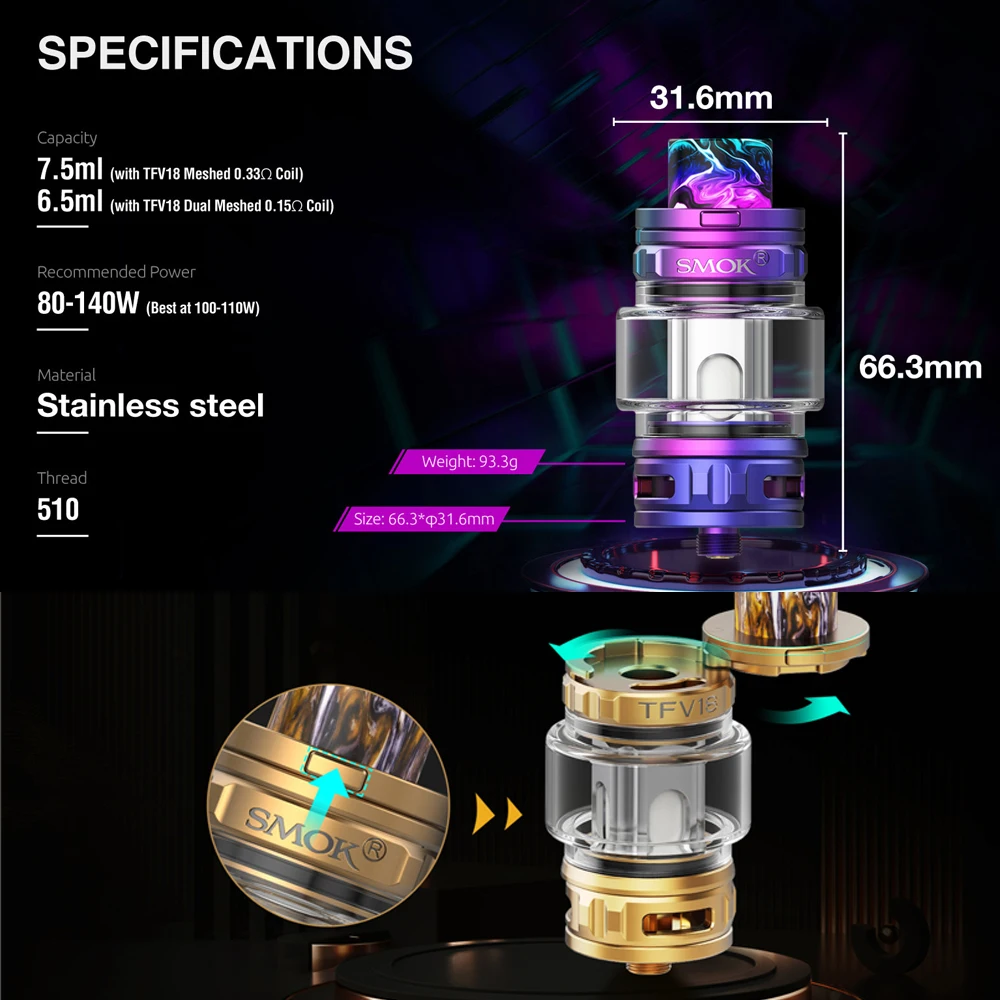 Оригинальная система SMOK TFV18 электронная испарительная катушка 7 5 мл DL / RDL Fit Arcfox