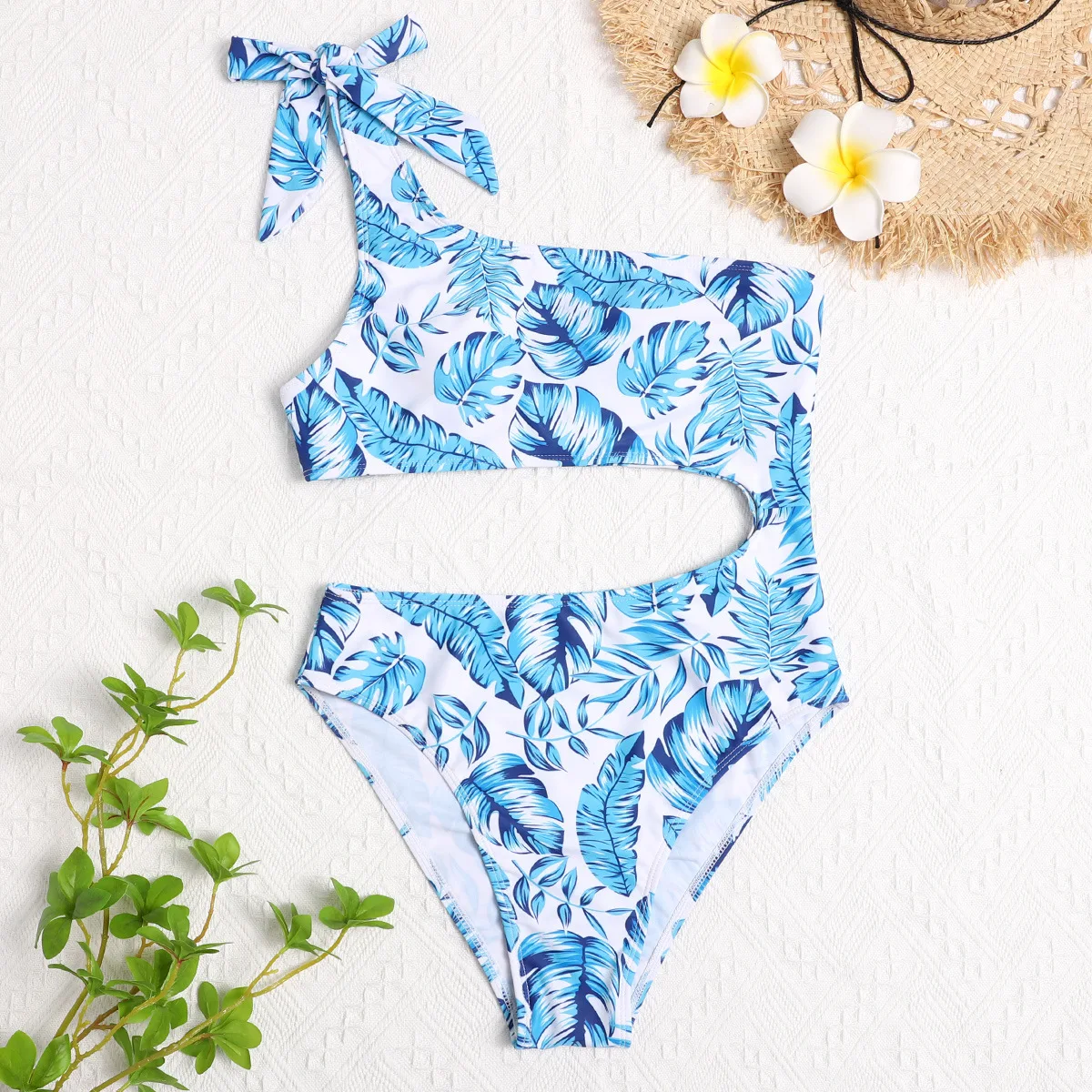 

Women's Printed Design Sense Unilateral Connection Quick-Drying Swimsuit Ladies Sexy Bow One-Piece Sling Adjustable Bikini Suit